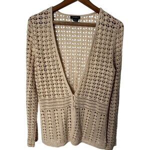 Eddie Bauer Women Beige Hand Crocheted Linen Cotton Cardigan Sweater Size L Boho